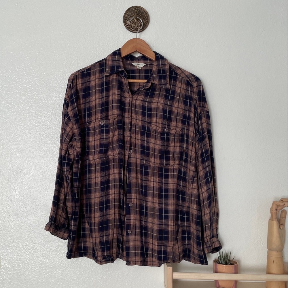 MAX STUDIO Womens Plaid Long Sleeve Button Up Shirt Navy‎ Brown Size M